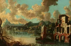 Salvator Rosa, RUINS BY RIVER, old label with provenance on the reverse "brought to Washington D.C. in 1861..."etc, Oil on canvas