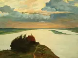 Oksana D. Sokolovskaya, House on Point Overlooking Sea, Oil on board