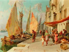 Angelo Brombo, Dockside Scene, Oil on canvas