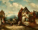 Charles Leickert, Villagers on Street, Oil on paper glued down to panel