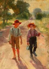 Adam Emory Albright, Two Boys on Lane Going Fishing, Oil on canvas