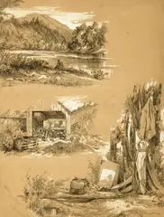 Peter Moran, My Sketching Outfit, Graphite highlighted with white on tan paper