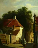 Adrianus Eversen, Townspeople Along Street, Oil on panel