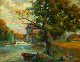 L. Kaniewski, Old Mill and Rowboat, Oil on board