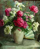 Frances S. Eanes, Untitled, PEONIES AND IRIS IN A WHITE VASE WITH FAN, oil on canvas