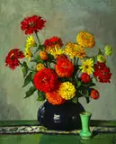 Frances S. Eanes, Red & Orange Zinnias in a Cobalt Vase, Oil on canvas