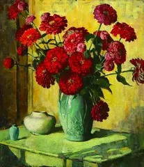 Frances S. Eanes, Untitled, ZINNIAS IN SUNLIGHT ON GREEN TABLE, oil on canvas