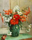 Frances S. Eanes, Zinnias, DAISIES IN A GREEN PORCELAIN VASE, oil on canvas