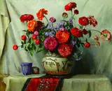 Frances S. Eanes, Untitled, RED & ORANGE ZINNIAS IN AN INDIAN VASE, oil on canvas