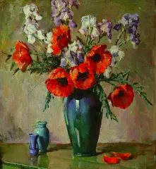 Frances S. Eanes, Untitled, ORANGE POPPIES IN A TALL BLUE VASE WITH TWO BOTTLES, oil on canvas