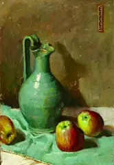 Frances S. Eanes, Still Life with Green Pitcher and Apples, Oil on canvas