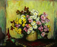 Frances S. Eanes, Untitled, YELLOW AND WHITE DAISIES WITH AUTUMN LEAVES, oil on canvas