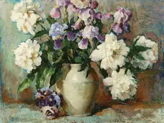 Frances S. Eanes, White Peonies & Iris in a White Vase with Pansies, Oil on canvas