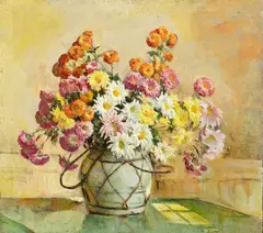 Frances S. Eanes, Spray of Mums, YELLOW & WHITE DAISIES ON GREEN TABLECLOTH, oil on canvas