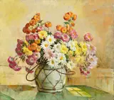 Frances S. Eanes, Spray of Mums, YELLOW & WHITE DAISIES ON GREEN TABLECLOTH, oil on canvas