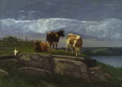 Silas Dustin, Three Cows Grazing on a Rocky Hillside Near a Lake, Oil on canvas
