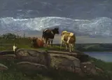 Silas Dustin, Three Cows Grazing on a Rocky Hillside Near a Lake, Oil on canvas