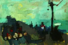 Joseph Kaplan, Men on Boardwalk, Oil on canvas
