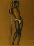 Philip Ayer Sawyer, Standing Black Man Leaning on a Pole, Charcoal and chalk on paper