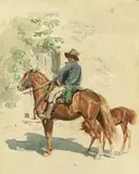 Ettore Simonetti, Horse and Rider with Colt, Watercolor