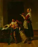 Cavalier and House Maid by Jean-Louis-Ernest Meissonier, Oil on canvas laid down on board, sold May 2004