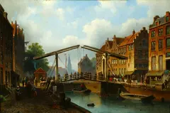 E. Alexander Hilverdink, Canal Scene in Dutch City, Oil on panel