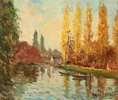 Punts Along River by Maurice Lemaître, Oil on canvas, sold May 2004
