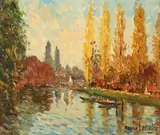 Maurice Lemaître, Punts Along River, Oil on canvas
