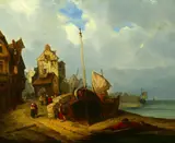 Charles Kuwasseg, Port Scene with Townsfolk, Oil on canvas