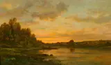 Jules C. Rozier, Sunset Over River with Barge and Figures, Oil on panel
