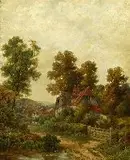 Octavius Clark, Houses Along Country Lane, Oil on canvas