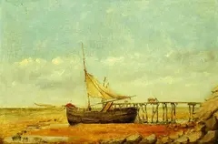 Edward William Cooke, Untitled, DOCKED BOAT WITH MAN AND WAGON, oil on panel