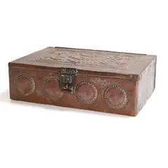 John Pearson, Copper casket, 1907, tile mounts. The most notable examples of Pearson's work are the four large copper plaques - denoting earth