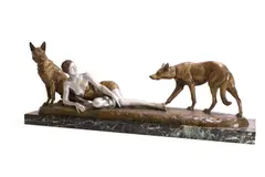 Louis Riché, Patinated bronze group, raised on a veined marble plinth