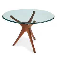 Tri-Symmetric Table Base by Vladimir Kagan, walnut, with later glass top, sold Oct 2024