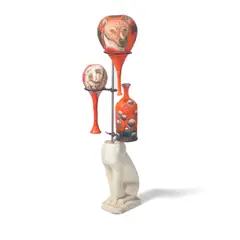 Michael Lucero, Basenji Spaniel Mix (from Reclamation Series), clay with glazes, metal and cement, one element signed in glaze 'Michael Lucero'