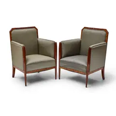 Paul Follott, Pair of Chairs, macassar ebony, carved fruitwood, upholstery