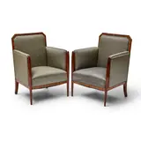 Paul Follott, Pair of Chairs, macassar ebony, carved fruitwood, upholstery