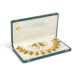 Édouard-Marcel Sandoz, Set of Duck Form Knife Rests and Pair of Salt Cellars With Demitasse Spoons, for Robj, porcelain, gilt metal, in fitted presentation box, each marked 'Robj Paris MADE IN FRANCE M