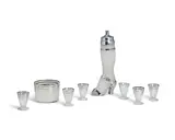 'Shake-A-Leg' Cocktail Set by West Virginia Specialty Glass Company, comprising a shaker, six cordial glasses and an ice bucket, chrome-plated metal, frosted and silvered glass, sold Jul 2024