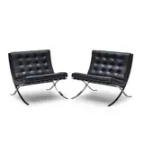 Pair of Barcelona Chairs by Ludwig Mies van der Rohe, for Knoll International, chromed steel, leather, each with Knoll label on underside, sold Jul 2024