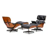 Pair of 670 Lounge Chairs and 671 Ottomans by Charles and Ray Eames, cherry, leather, aluminum, each chair and ottoman with silver Herman Miller label on underside, sold Jul 2024