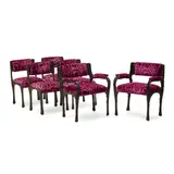 Set of Six Sculpted Bronze Dining Chairs by Paul Evans, comprising a pair of armchairs and set of four side chairs, bronzed resin over steel, textured upholstery, sold Jul 2024