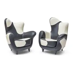 Javier Mariscal, Set of Two Alessandra Armchairs, from the Los Muebles Amorosos Collection for Moroso, grained leather, ebonized beech, each with Moroso tag