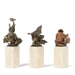 Theodore T. Gall, Untitled (Three Busts), bronze on travertine plinths, each signed 'T