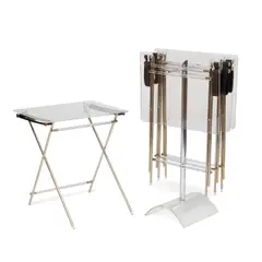 Set of Four Folding Tray Tables on Stand by Charles Hollis Jones, acrylic, chromed metal, leather, sold Jul 2024