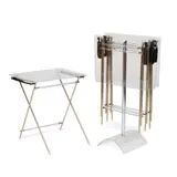 Charles Hollis Jones, Set of Four Folding Tray Tables on Stand, acrylic, chromed metal, leather