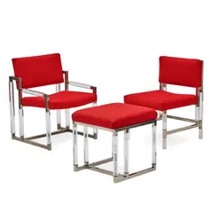 Two Metric Line Chairs and Stool by Charles Hollis Jones, acrylic, chromed steel, wool upholstery, armchair signed and dated 'Charles Hollis Jones 1965' and numbered '15/100', sold Jul 2024