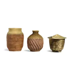 Warren Mackenzie, Covered Jar and Two Vases, wheel-thrown glazed stoneware
