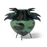 William Morris, Amphora with Incised Drawing and Crow (Raven Series), blown and applied glass with enameled steel stand, etched 'William Morris 1999' on the underside